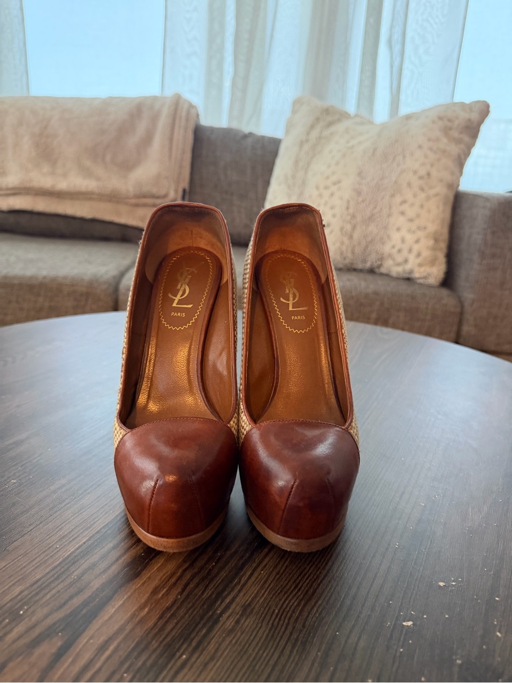 Saint Laurent Beige Woven and Brown Leather Platform Pumps - Picture 3 of 5